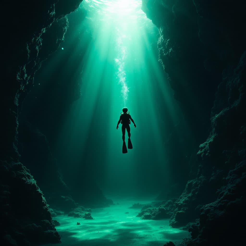 AI generated: emerald color serene underwater scene depicting a lone diver alien, floating gracefully in a beam of...