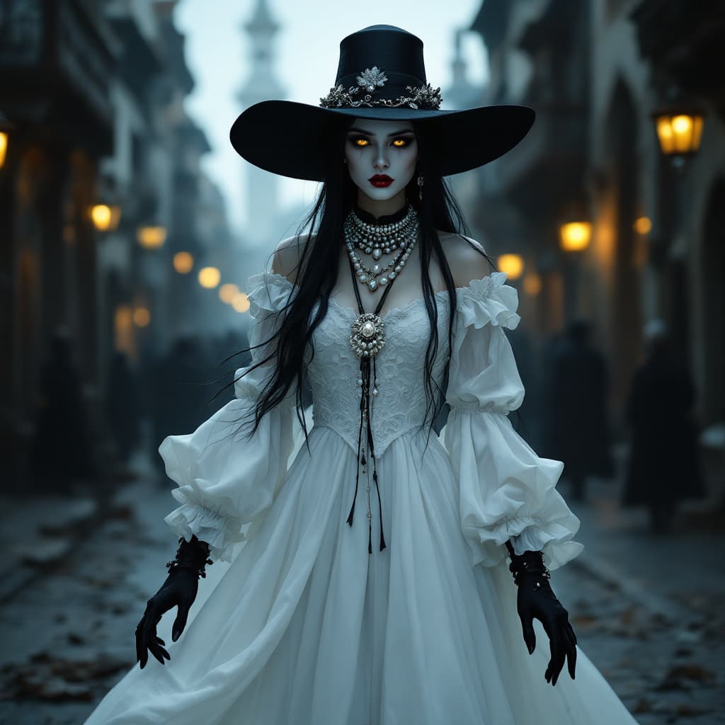 AI generated: Insanely photoshoot of <lora:Dark Portraits:1.0> Dimitrescu is gorgeous, with black hair, yellow gle...