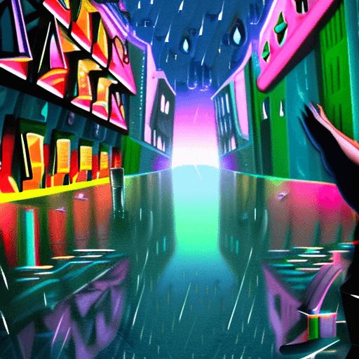 AI generated: masterpiece, concept art, centered, wide shot, front view, 1girl, wet, (rain, night), body tattoo, m...