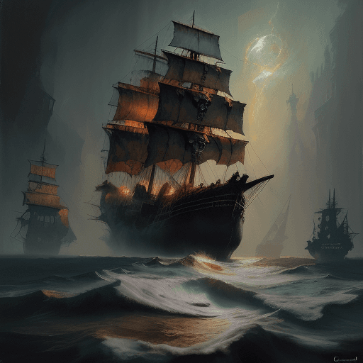 AI generated: oil painting with heavy impasto of a pirate ship and its captain, cosmic horror painting, elegant in...