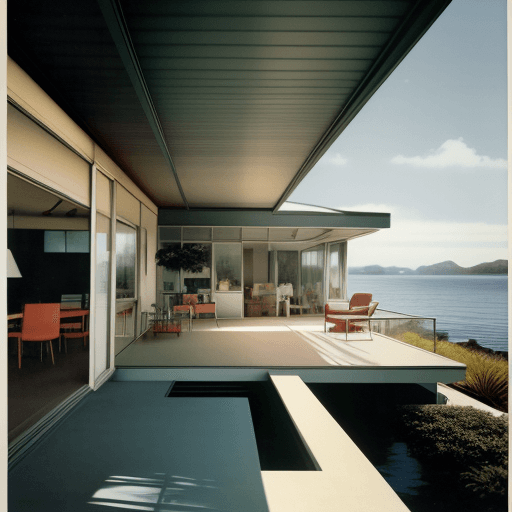 AI generated: Hyper realistic eye level exterior photo of a mid century modern style house overlooking the ocean, ...