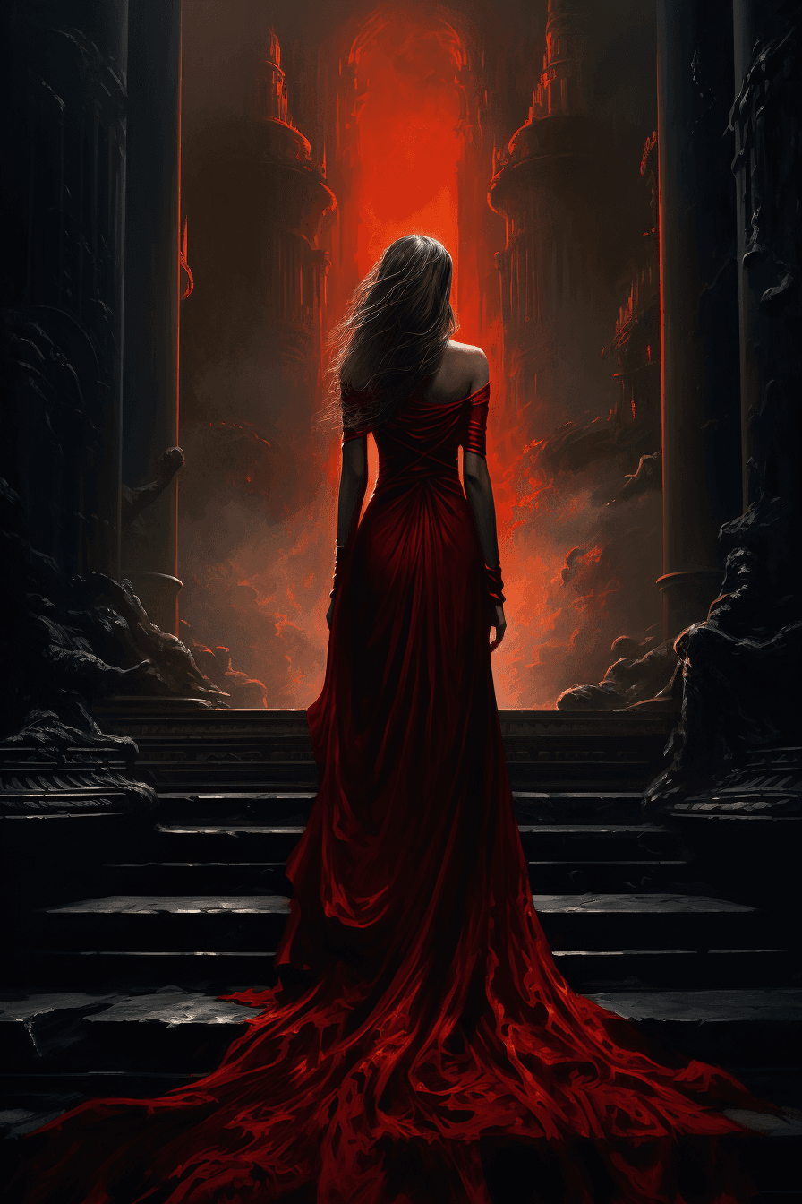 AI generated: An illustration of woman in a long red dress, in the style of epic fantasy scenes, dark gray, i can'...