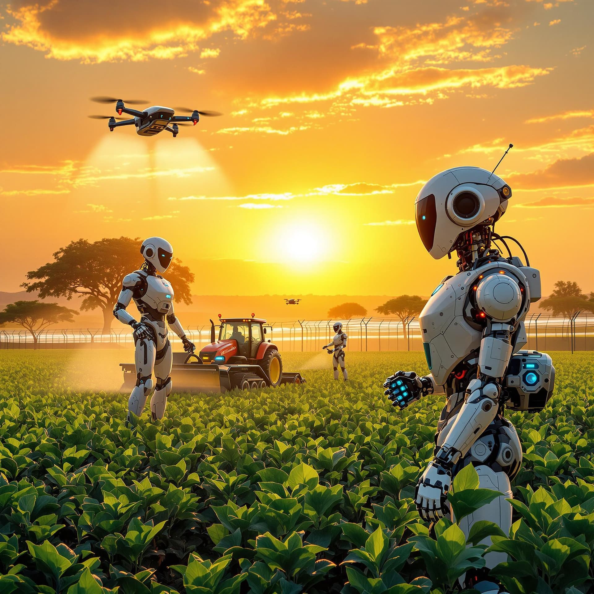 AI generated: A vibrant sunrise over an African farm, where advanced AI robots are transforming agriculture. Sever...