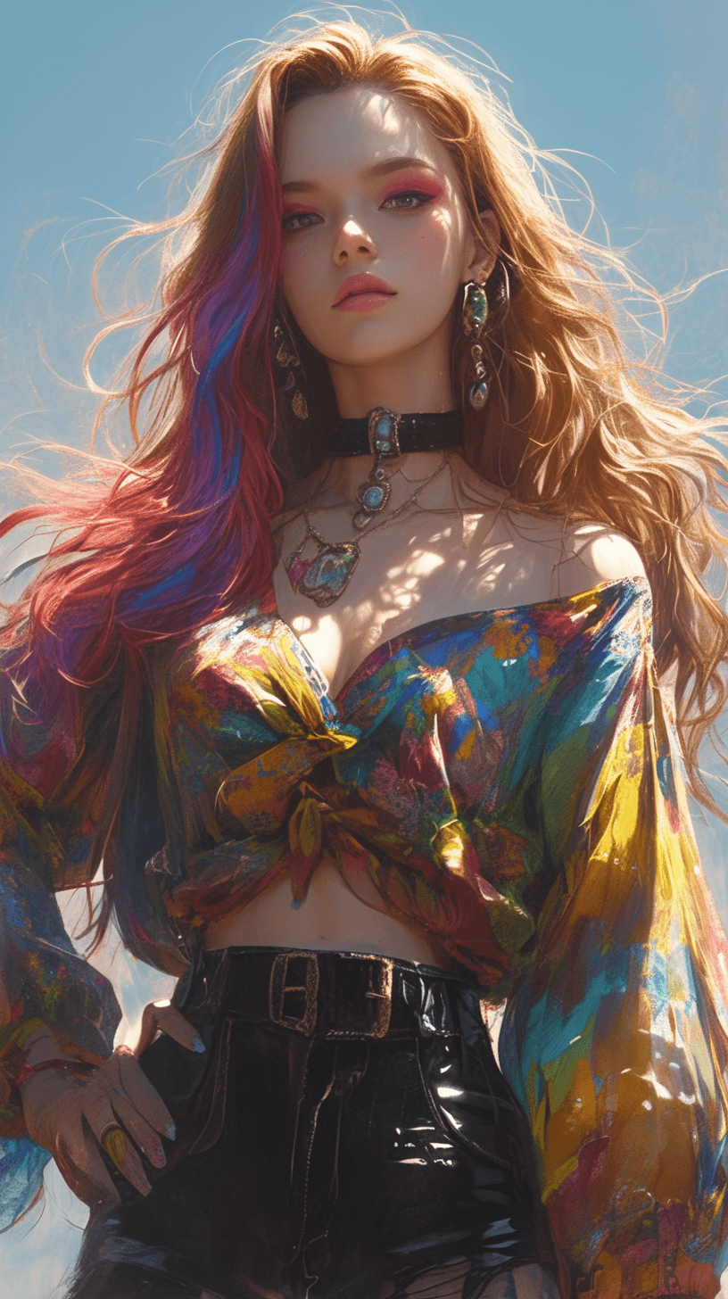 AI generated: an eclectic 30 year old East Asian woman with vivid colourful makeup, posing, wearing bohemian cloth...