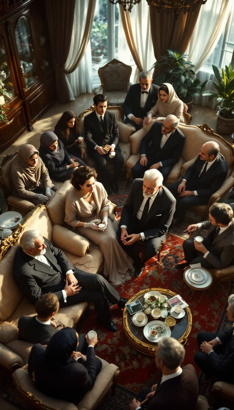 AI generated: high-angle shot of a 1950s Iranian engagement gathering in a spacious, well-decorated traditional ho...
