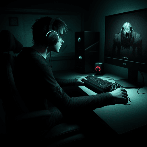 AI generated: lone gamer alone playing horror games in his gaming computer. 