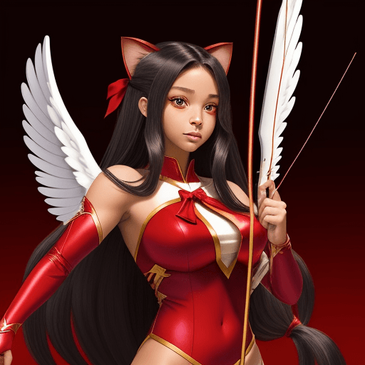 AI generated: An anime beautiful biracial woman holding a new-age bow and arrow in a red outfit, she has dark long...