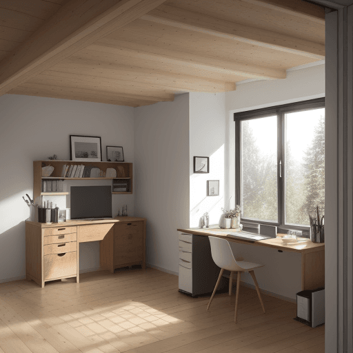 AI generated: A cozy Scandinavian home office, natural oak desk, ambient lighting from a floor-to-ceiling window, ...