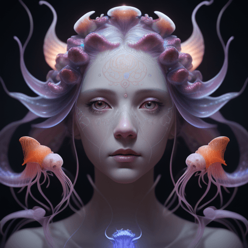 AI generated: Goddess close-up portrait ribcagel. jellyfish phoenix head, nautilus, orchid, skull, betta fish, bio...
