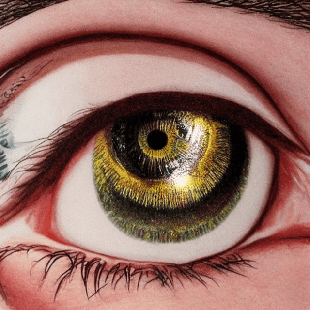 AI generated: Hyper realistic eye, the pupil is a vinyl disk with golden rock-themed engravings