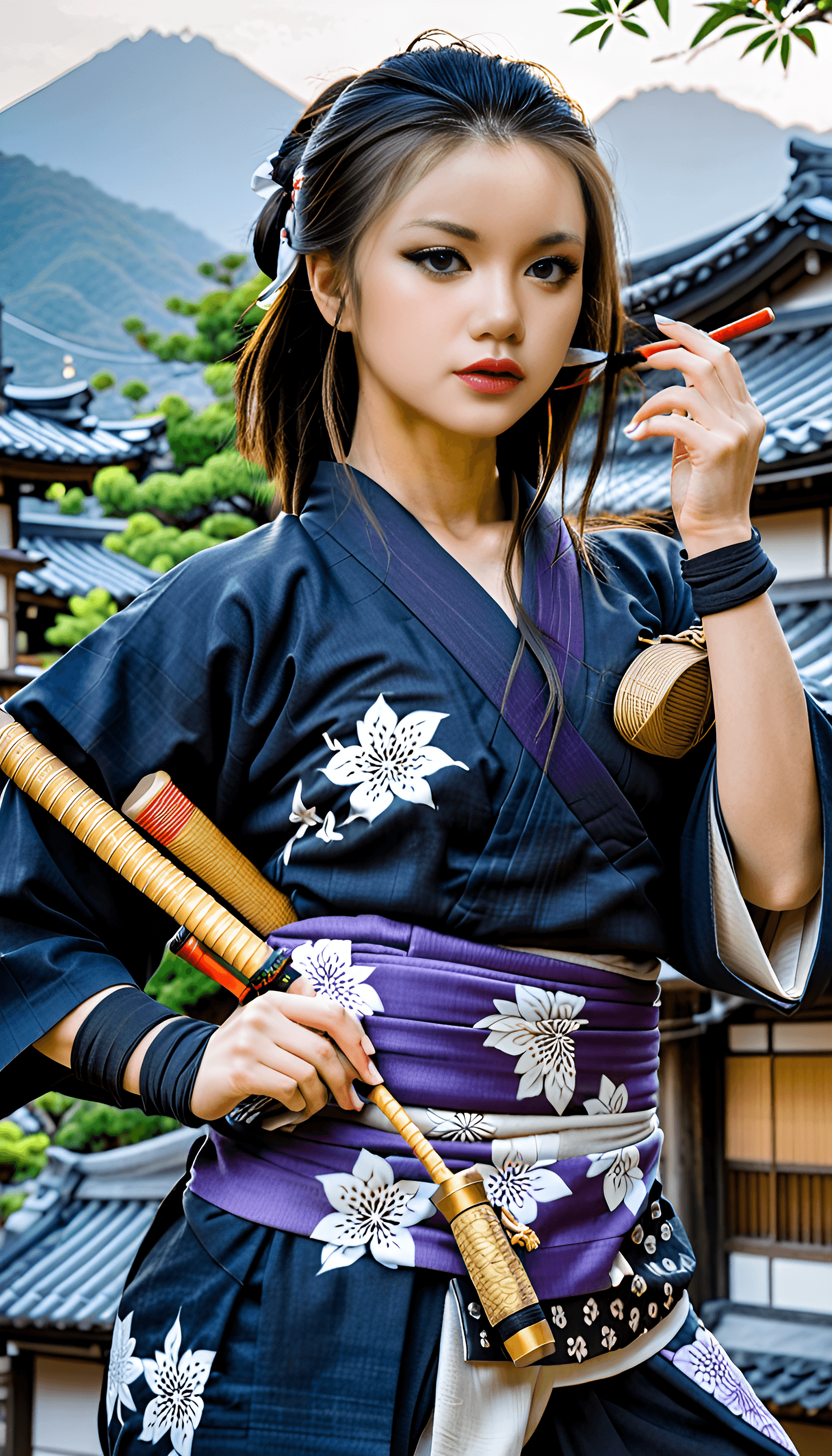 AI generated: a female ninja in traditional Edo clothing,night time, with elegant yet seductive designs in the eve...