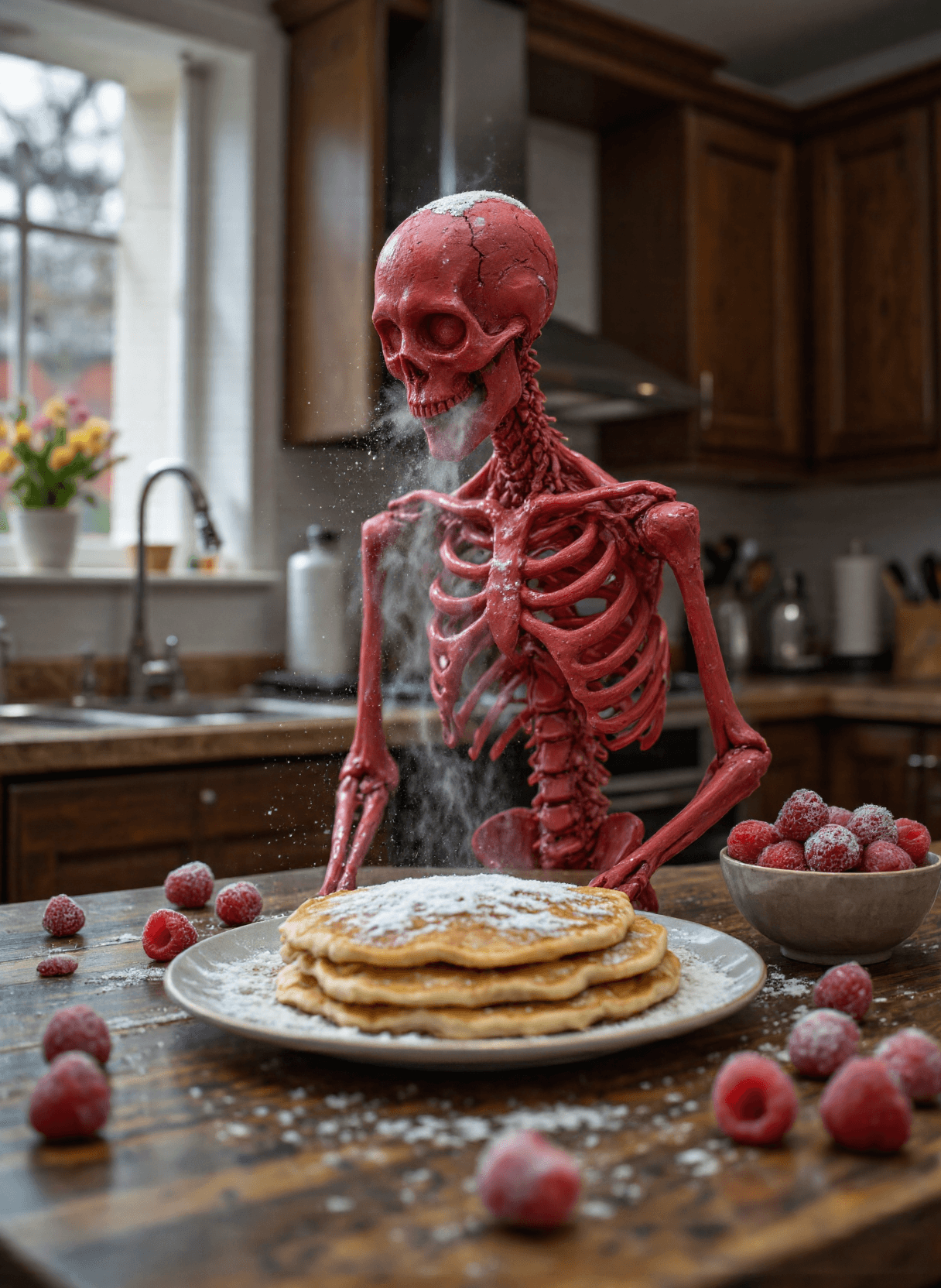 AI generated: The image depicts a surreal scene set in what appears to be a kitchen. At the center of the composit...