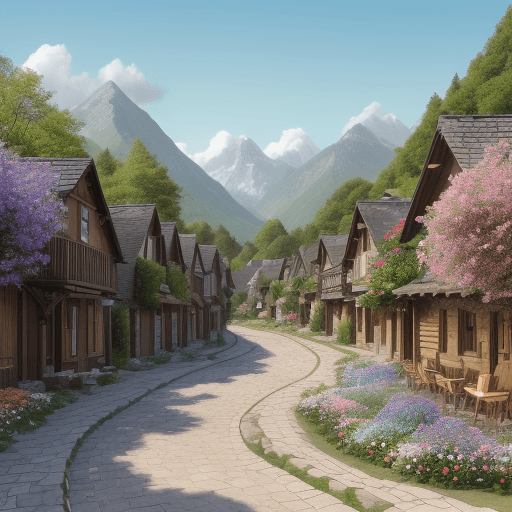 AI generated:  a beautiful and big village with houses made of wood and stone, a asphalt made and a little worn an...