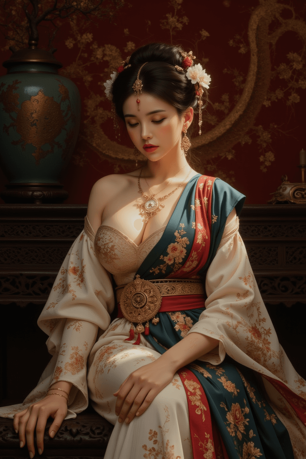 AI generated: This is a masterfully rendered digital portrait of a beautiful East Asian woman. The image is rich i...