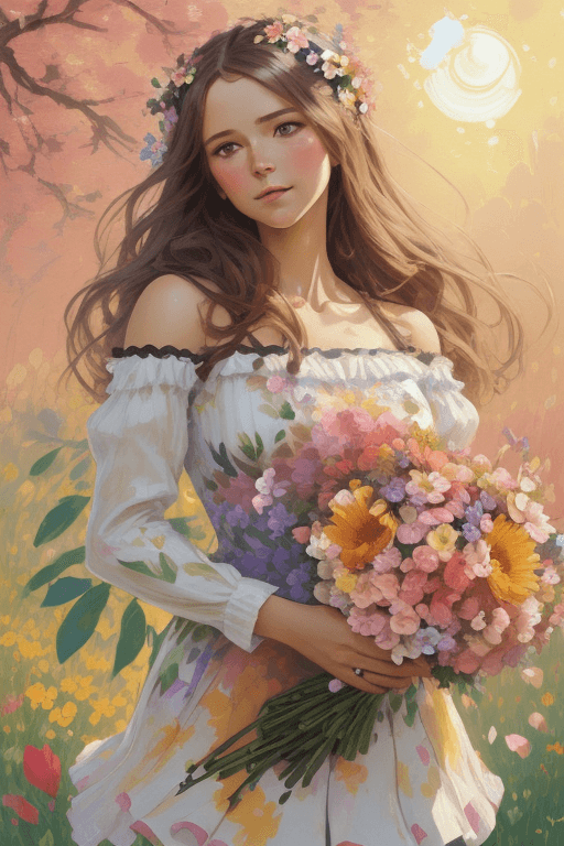 AI generated: commercial illustration of a woman dressed in flowers with flowers in her hair, in the style of artg...