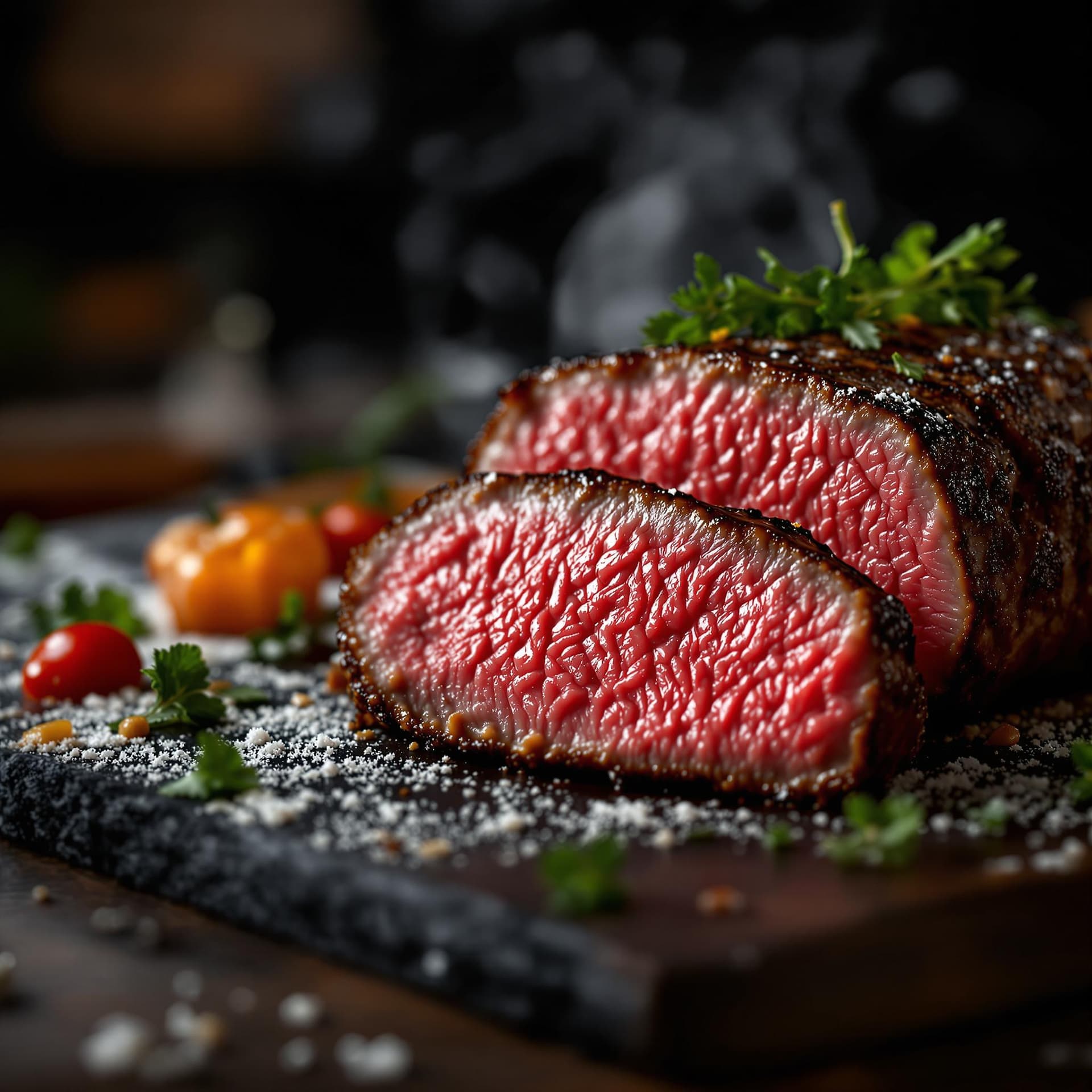 AI generated: Capture a close-up shot of a mouth-watering sliced beef medium rare barbeque , exuding tempting allu...