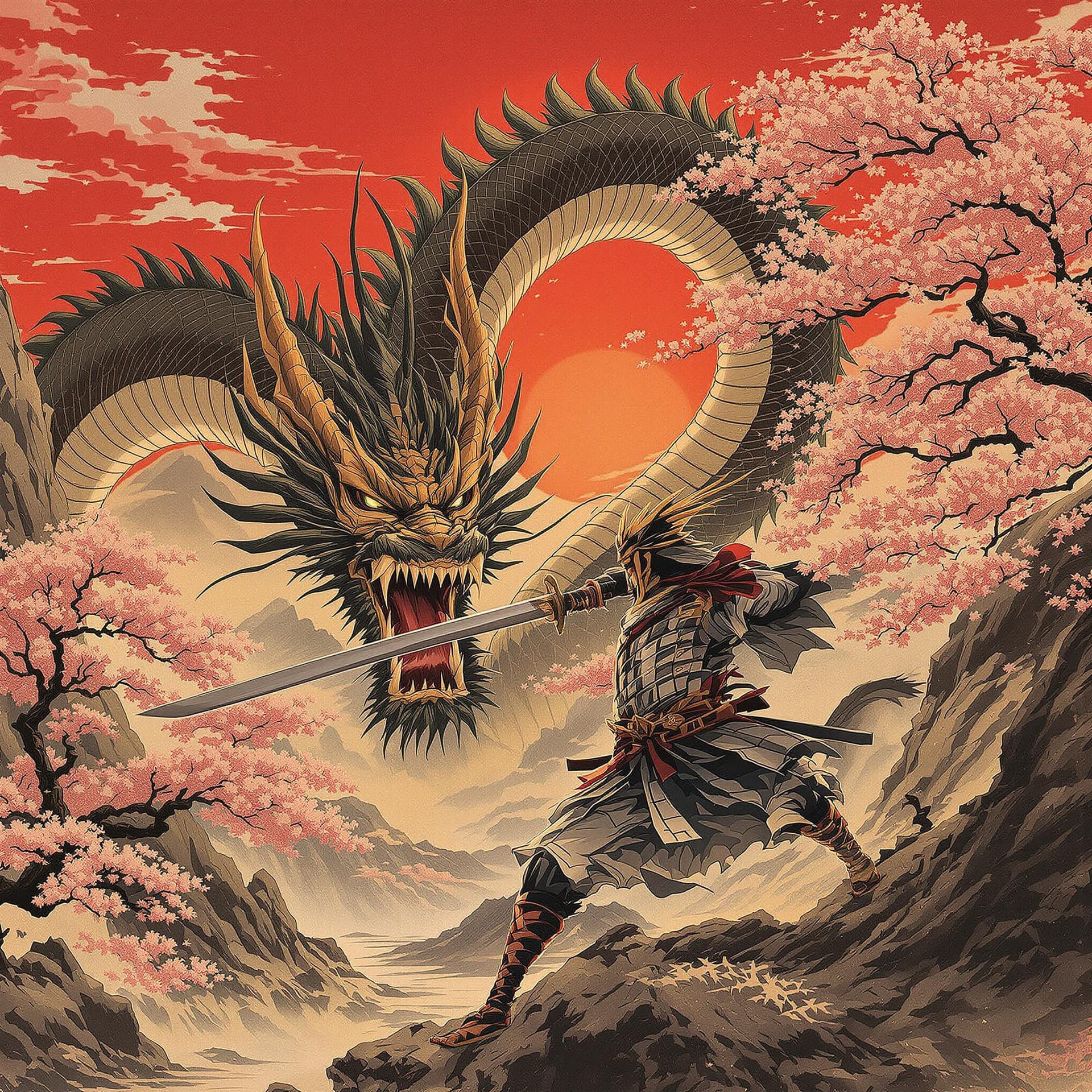 AI generated: samurai with a large katana fighting a dragon, red sunrise, in the mountains with cherry trees, phot...
