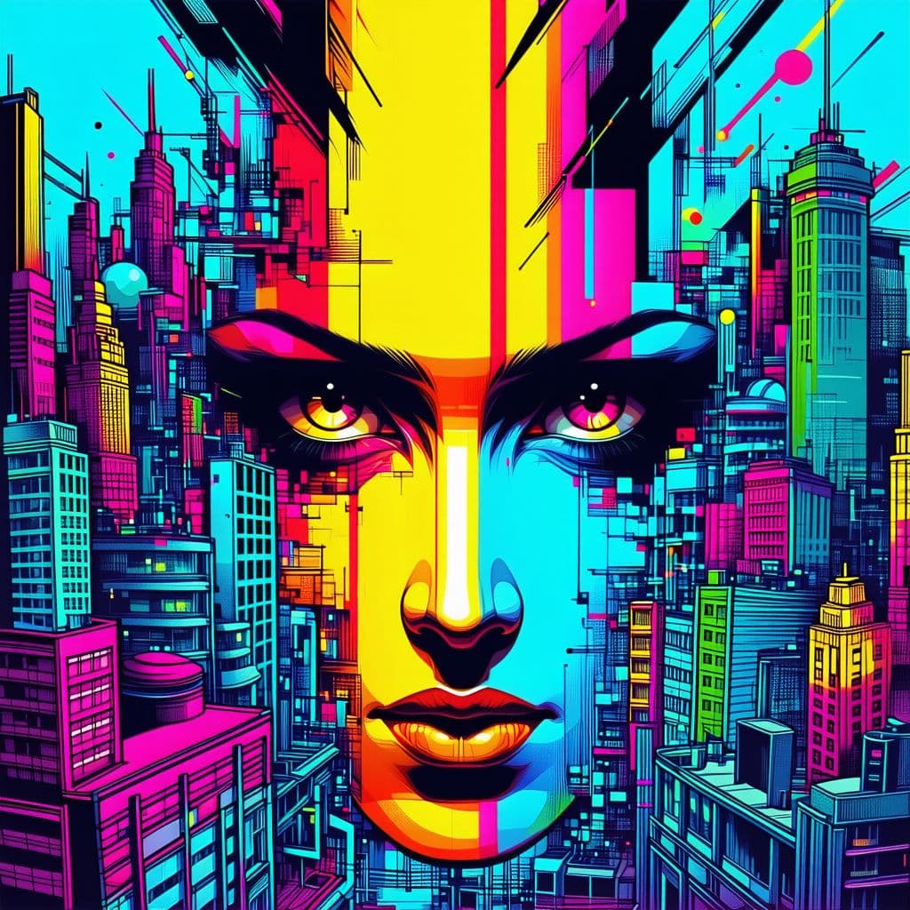 AI generated: cartoon with a colorful face surrounded by a city, in the style of tim doyle, industrial forms, pack...