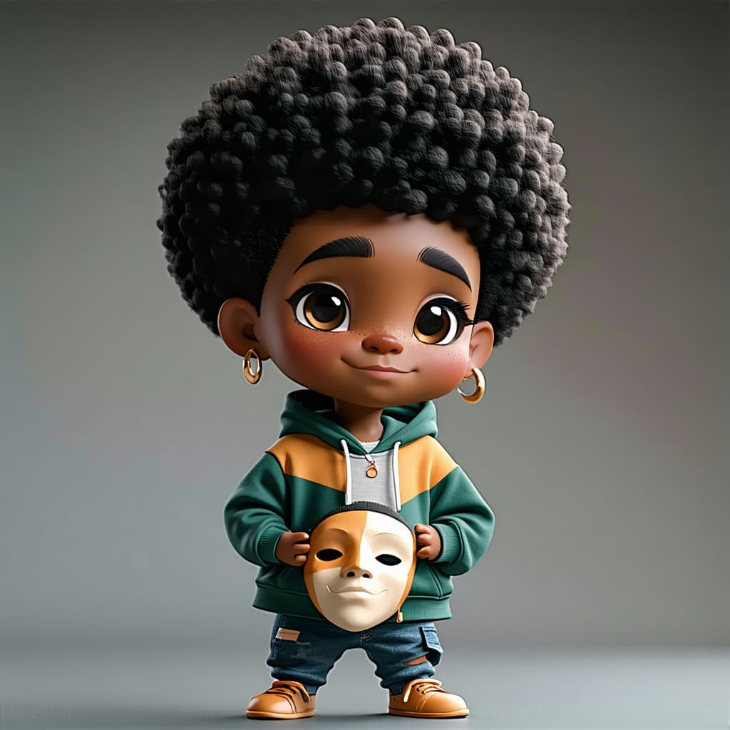 AI generated: 3d illustration African chibi boy look alike Mike Michael Jackson with a shaggy Afro holding a mask ...