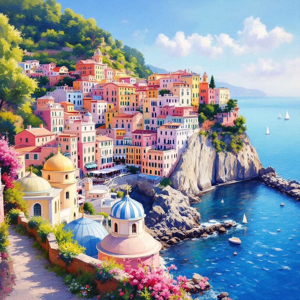 AI generated: Iamalfi coast, oil painting, impressionist style, sunny day, colorful buildings and domes overlookin...