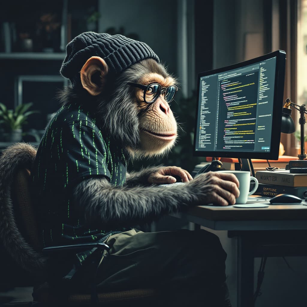 AI generated: An adolescent fashion look hipster male programmer serious thoughtful monkey in a graphic T-shirt wi...