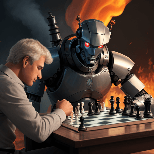 AI generated: A man and a robot playing chess, surrounded by a fire environment