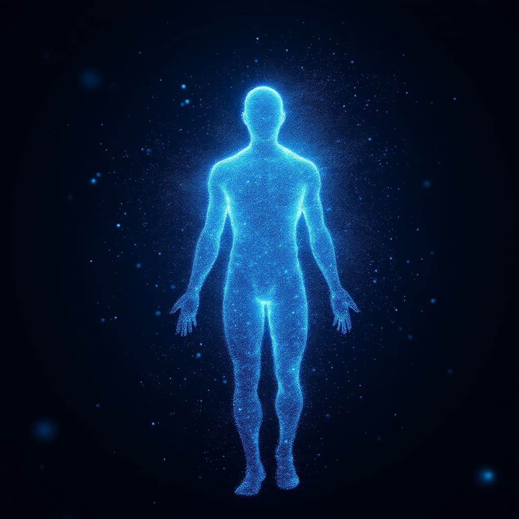 AI generated: Concept: Floating particles (dots, light streaks) converging into a human form, representing data-dr...