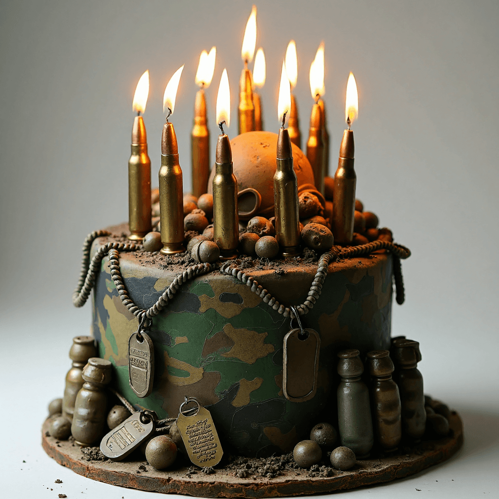 AI generated: A bold, military-themed cake featuring bullet-shaped burning candles standing tall, crafted from met...