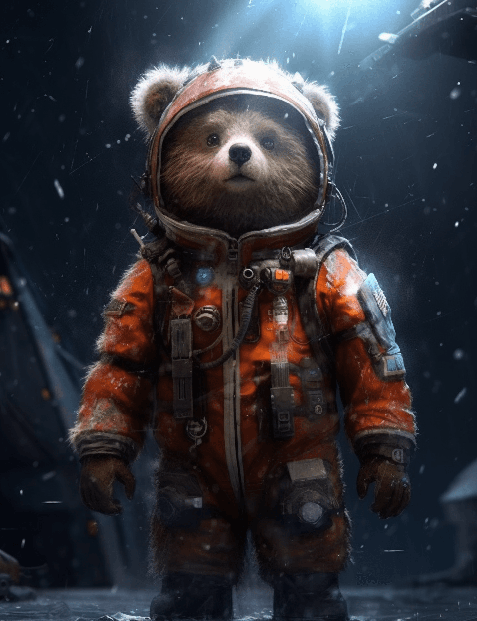 AI generated: the bear is dressed and standing in an outer space suit, in the style of brushwork exploration, fire...