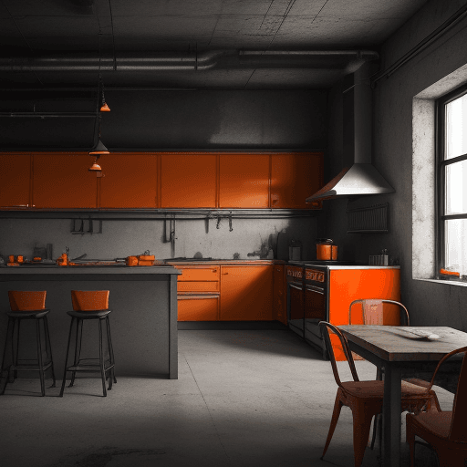 AI generated: an industrial kitchen in revolution , 8k , superhd , orange and gray tones, bright