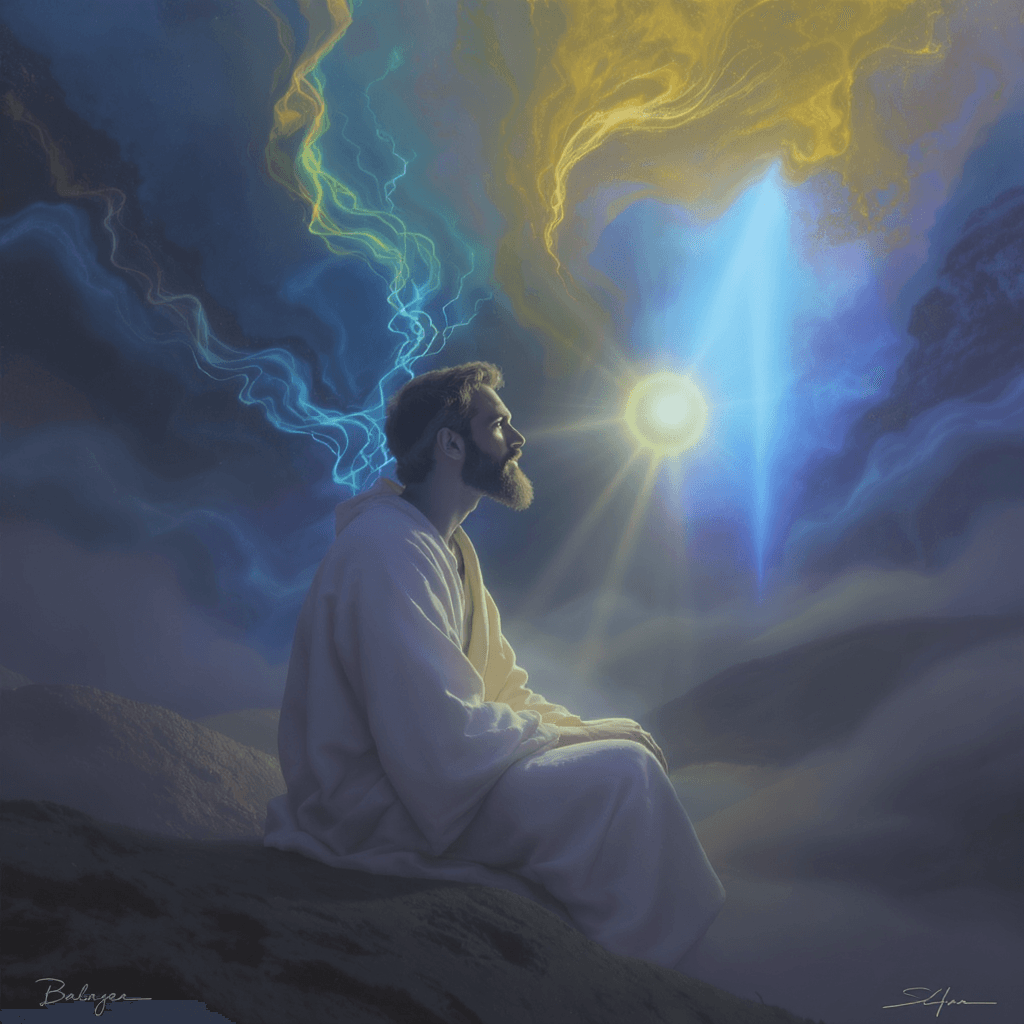 AI generated: A serene, ethereal scene where a man in simple robes sits in a misty, glowing landscape. A radiant, ...