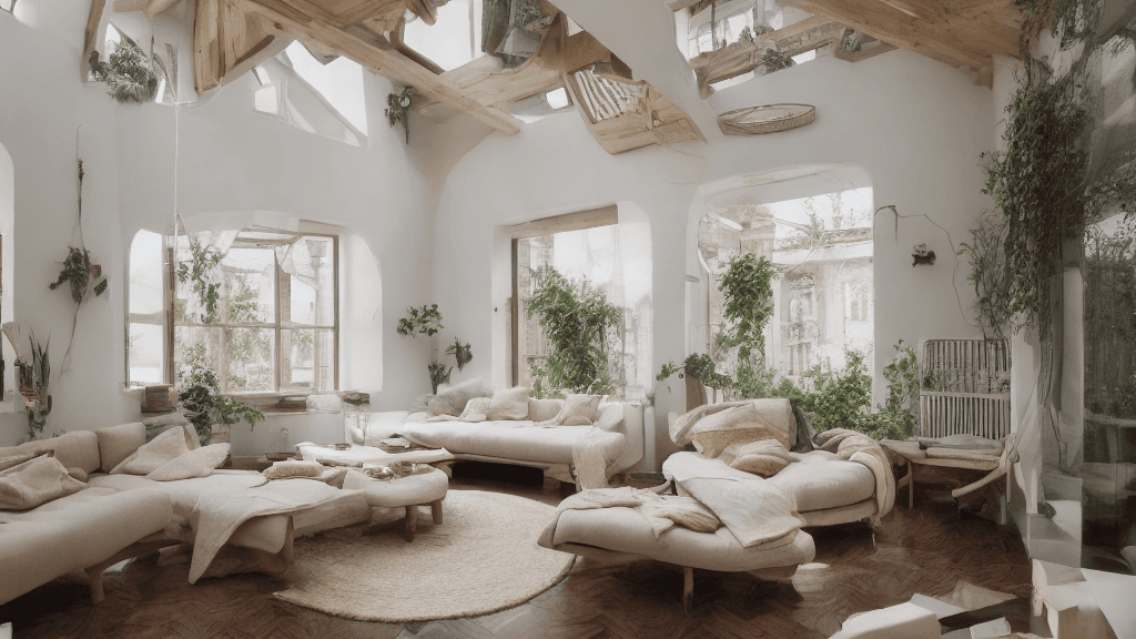 AI generated: High resolution photography interior design, dreamy sunken living room conversation pit, wooden floo...