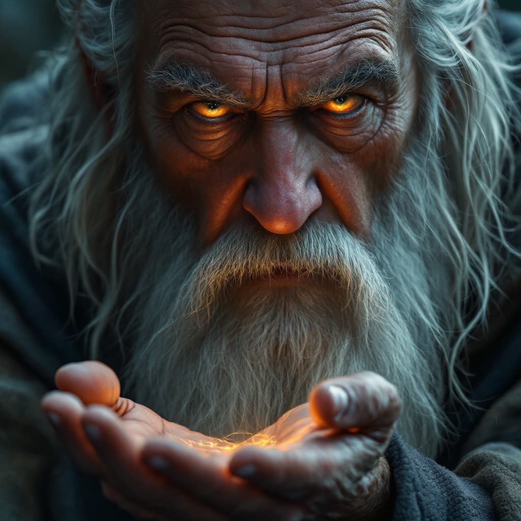 AI generated: A hyperrealistic close-up, half-figure portrait of Gandalf the Grey, his intense gaze focused downwa...