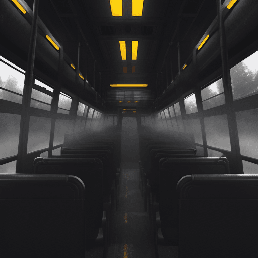 AI generated: bus driver inside the glossy black school bus from behind, mist, foggy, death<lora:xl_more_art-full_...