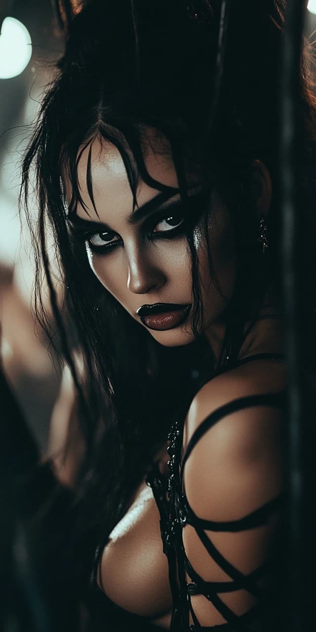 AI generated: A portrait of a gothic woman, dramatic lighting, intense stare, black lipstick, dark eyeshadow, wet ...