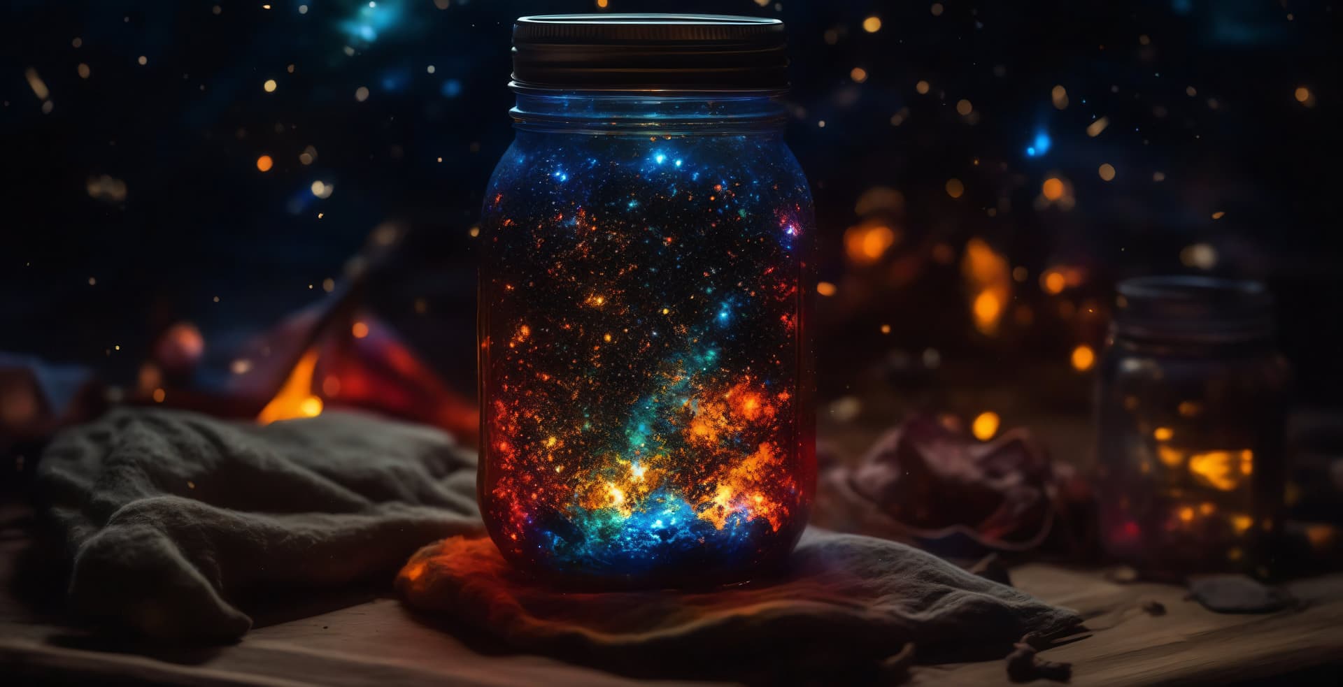 AI generated: (35mmstyle:1. 2), Highly detailed RAW color Photo, top Angle, camp fire in a mason jar, vivid detail...