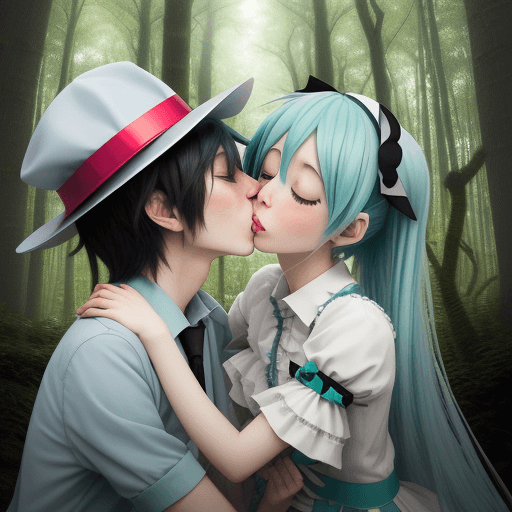 AI generated: hatuse miku kissing Ticci Toby in a forest