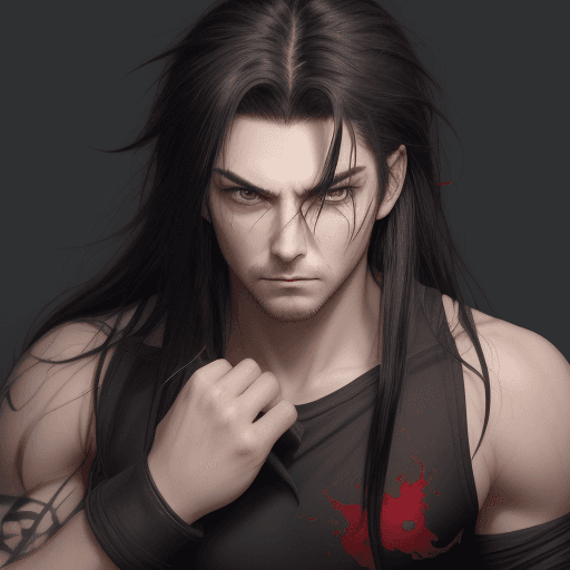 AI generated: 1boy, attractive, red_pupils, black_hair, long_hair, messy_hair, hair_between_eyes, stubble, eyebrow...