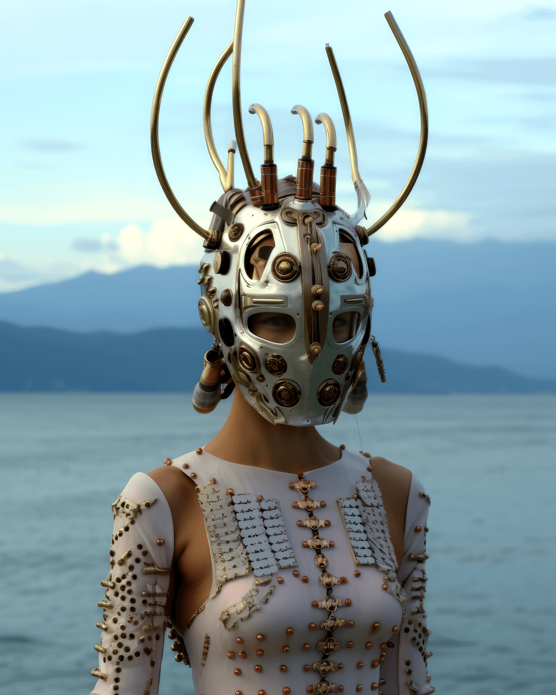 AI generated: a woman in a pink costume standing next to the ocean, in the style of robotic motifs, photorealistic...