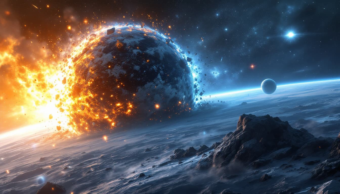 AI generated: A dramatic scene depicts an interstellar planet crashing into the Earth's surface, with the planet i...