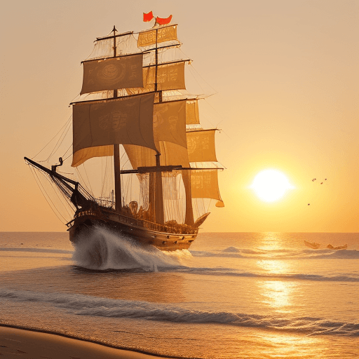 AI generated: "A majestic and wealthy-looking Chinese junk ship filled with coins and gold. The ship is stranded o...