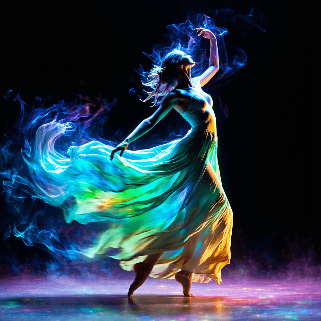 AI generated: A playful elemental dancer, her body flowing like wind, wearing clothing that seems to mimic the ele...