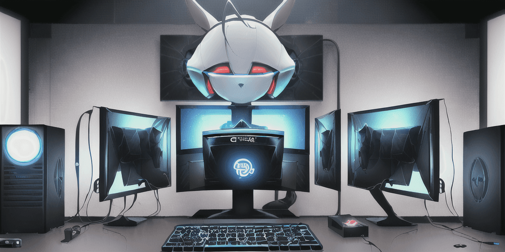 AI generated: In the background there are personal computers, keyboards, monitor, different pc components. In the ...