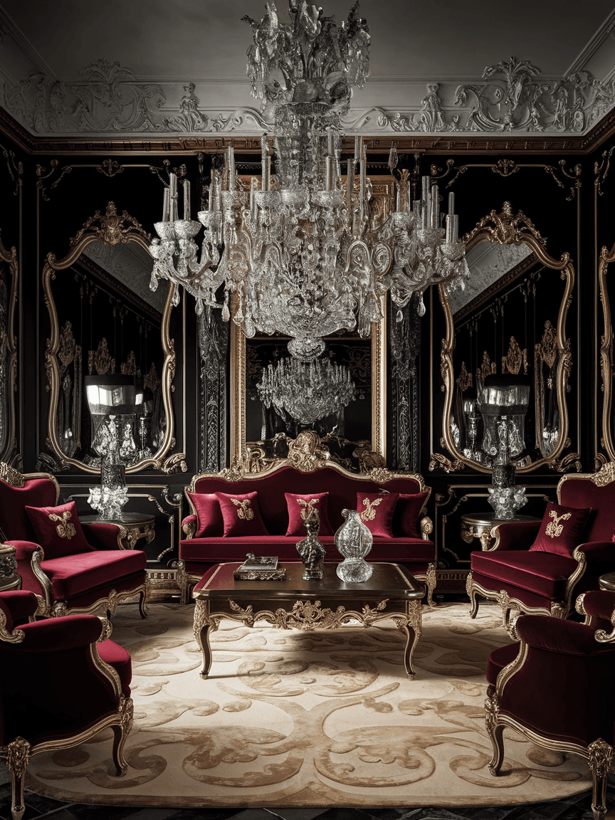 AI generated: Create a grand, opulent poster for The scene is a lavish Rococo/Baroque-inspired living room with da...