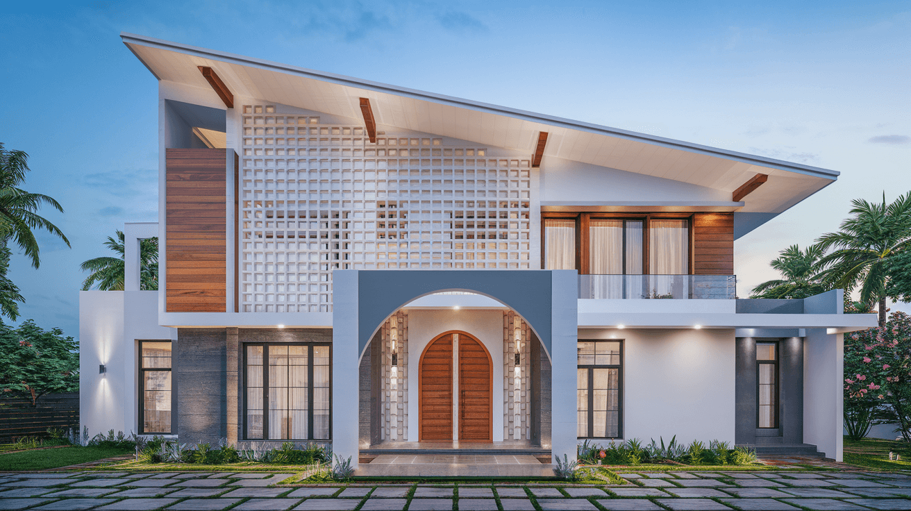 AI generated: A hyper realistic 4k image of A modern architectural design of a house during twilight. The house fe...