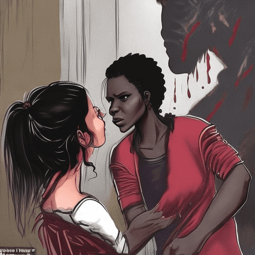AI generated: Una mujer joven de pelo rizo, largo y oscuro vestida con una túnica negra corta peleando contra uno ...