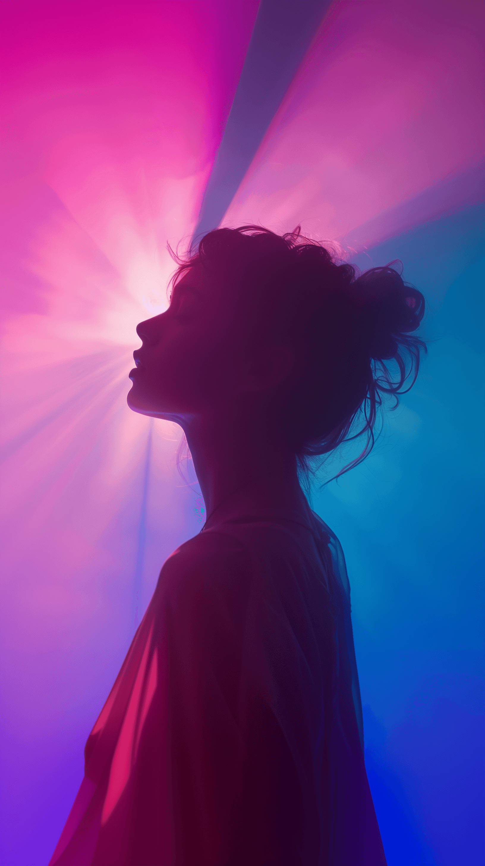AI generated: silhouette of a woman against a backlight, backlight casting vibrant shades of soft blue and pink, a...