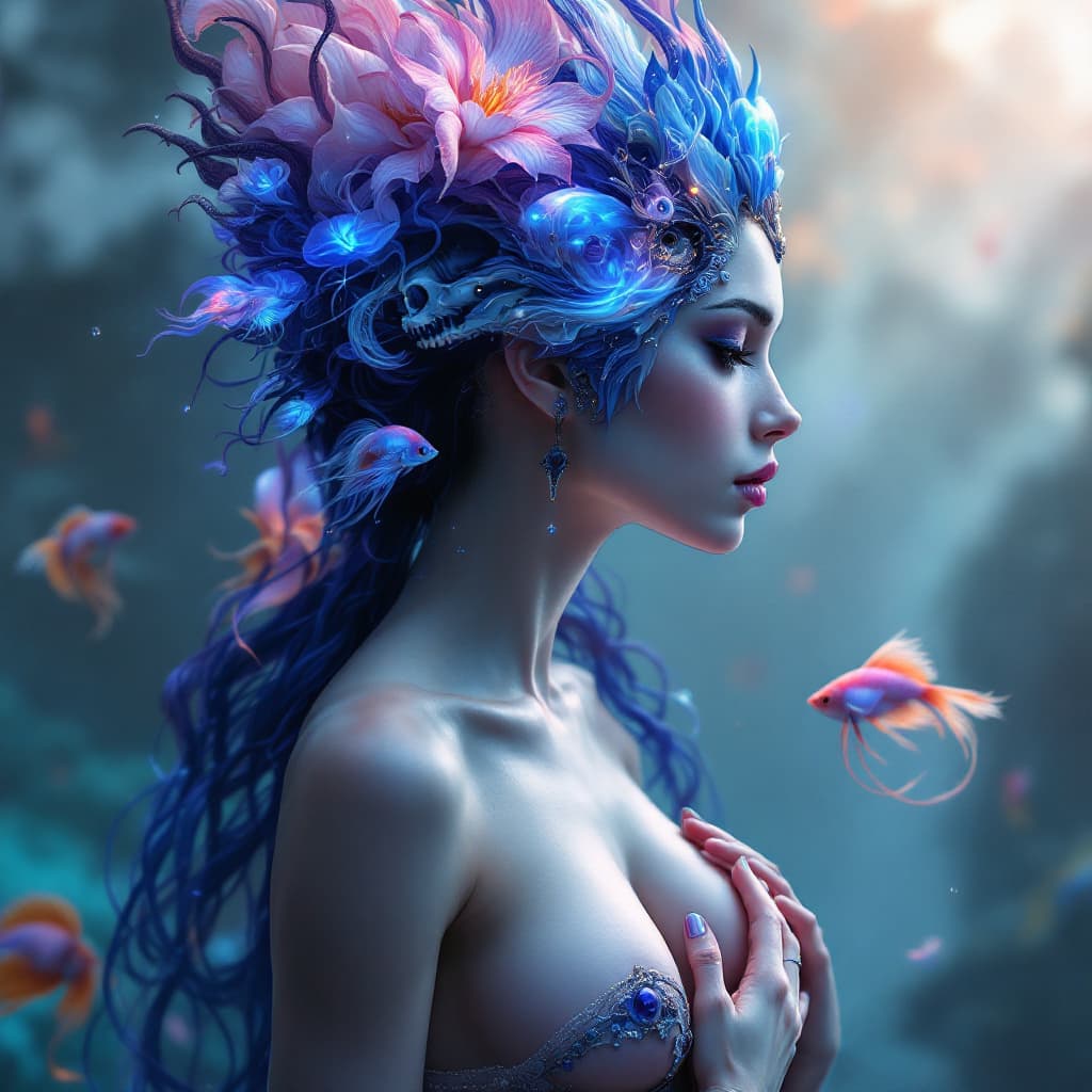 AI generated: Goddess portrait, jellyfish phoenix head, nautilus, orchid, skull, betta fish, bioluminiscent creatu...
