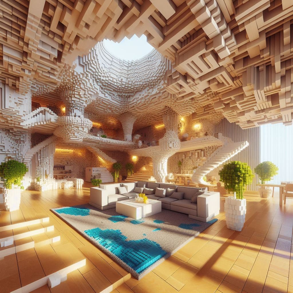 AI generated: interior de una casa moderna decorada por bloques 3d de minecraft
