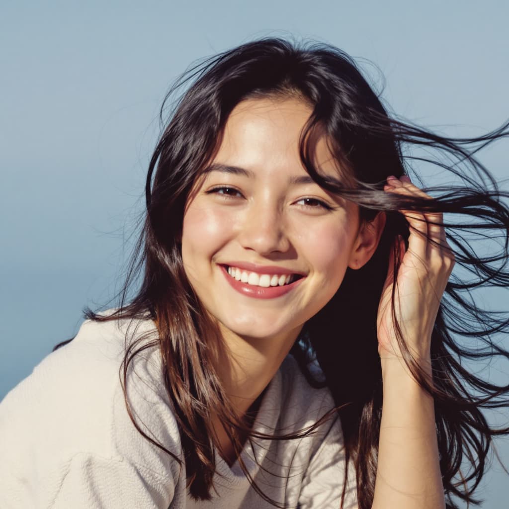 AI generated: the girl runs her hand through her hair and smiles